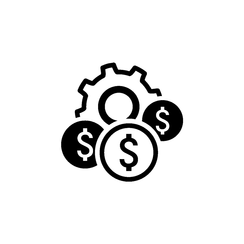 cost management represented by a gear merged at the bottom with three coins featuring dollar signs