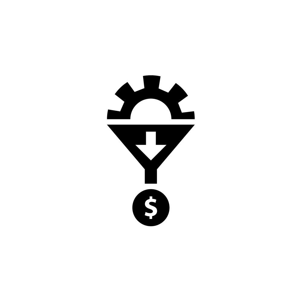 lead generation represented by a gear on top of a funnel flowing into a dollar coin at the bottom