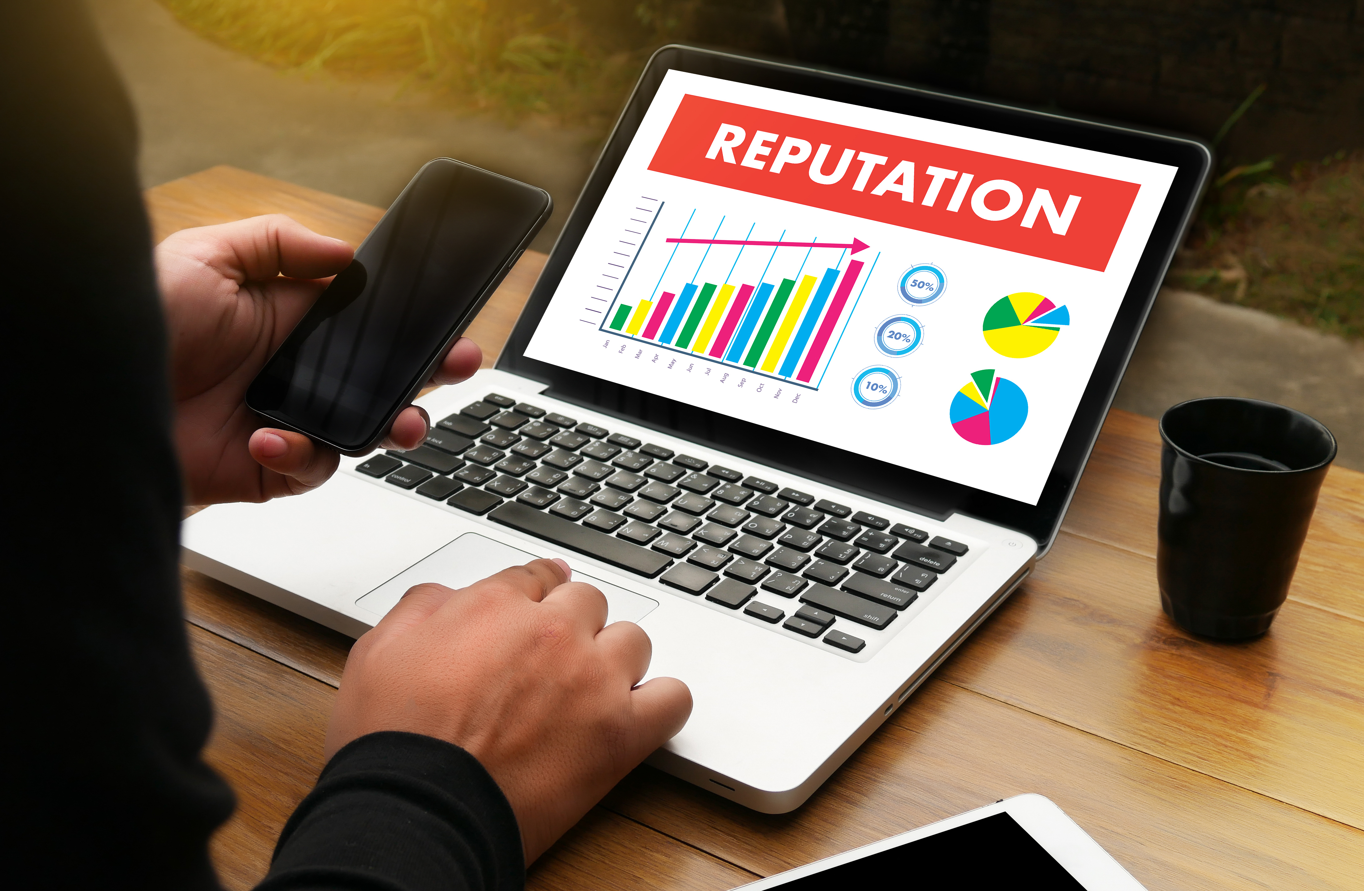 An open laptop with the screen showing two kinds of charts and the word 'reputation' on top used by a person who is also holding a smart phone 